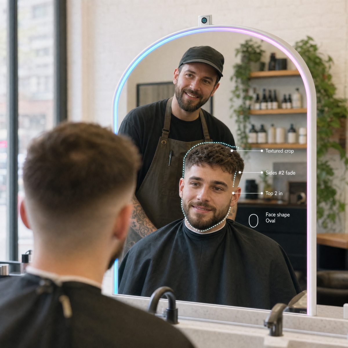 A barber and client look at the MirrorSays mirror, which outlines a textured crop on the client's reflection with labels for the sides, top length and face shape