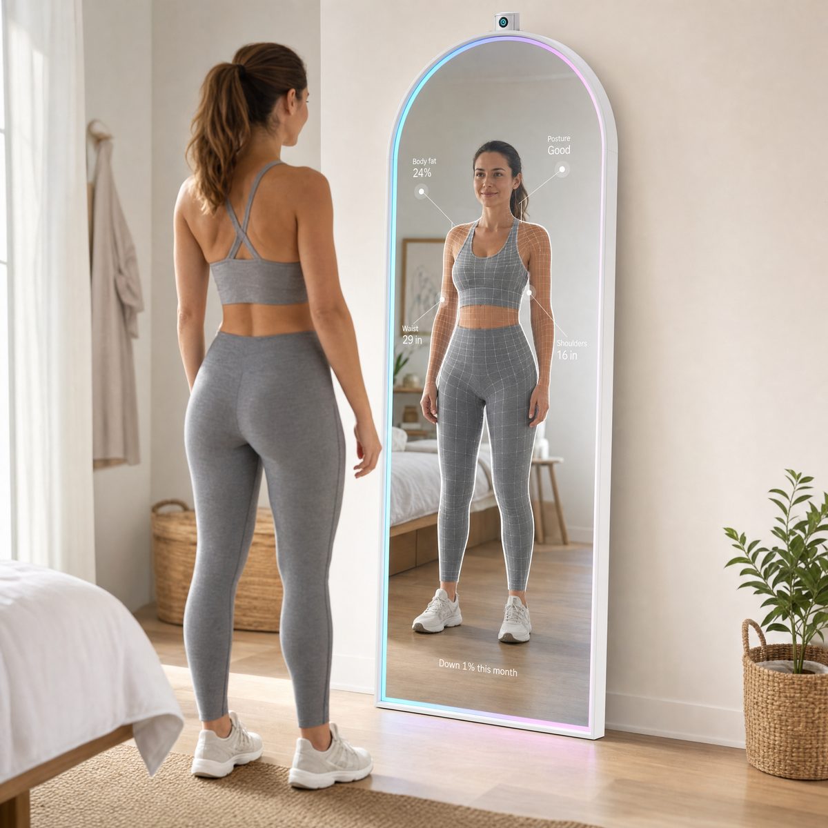 A woman in gym clothes faces the full-length MirrorSays mirror, which labels her reflection with body fat 24 percent, posture good, waist and shoulder measurements, and down 1 percent this month