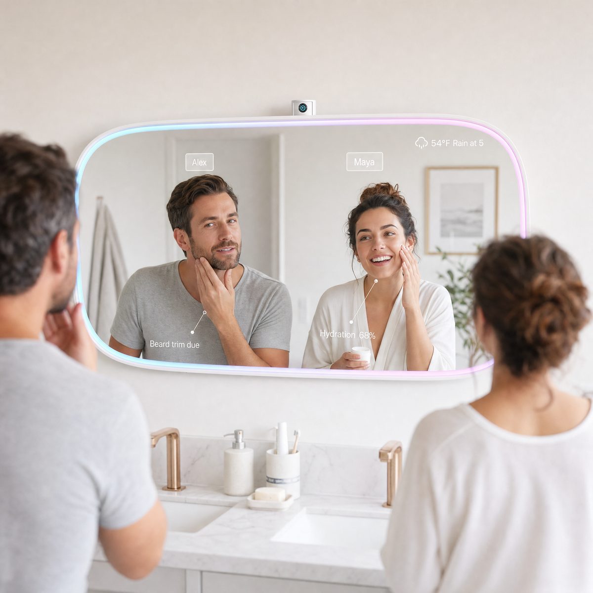 A couple at the wide MirrorSays mirror, each reflection tagged with a name, a beard trim reminder, a hydration reading and the weather
