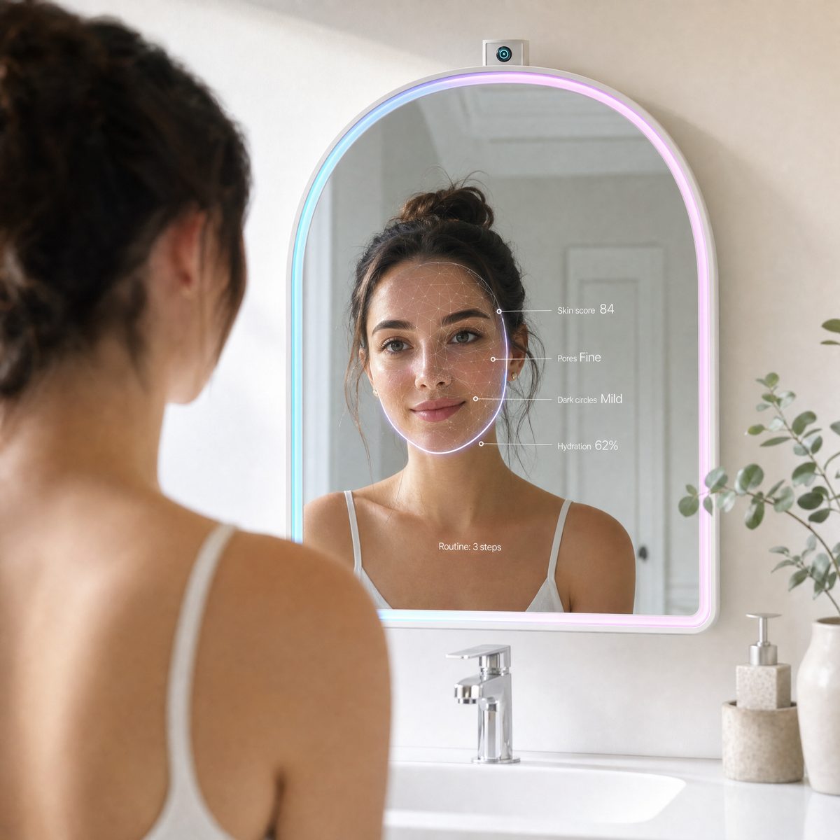 A woman faces the arched MirrorSays mirror while the glass labels her reflection: skin score 84, pores fine, dark circles mild, hydration 62 percent