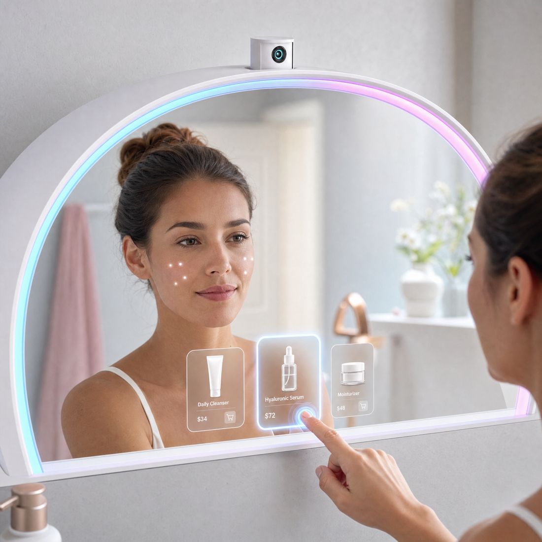 A woman taps a skincare product card on the MirrorSays mirror touchscreen while her reflection shows glowing markers on her cheeks