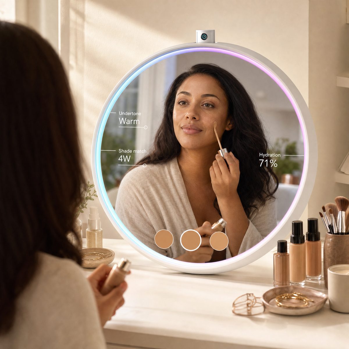 A woman applies foundation at the round MirrorSays mirror, which shows her undertone, a 4W shade match, hydration 71 percent and three shade swatches